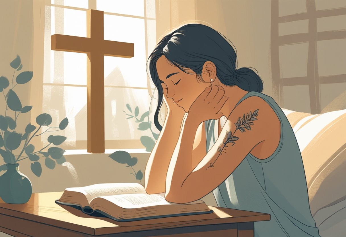 Pessoa sentada em um ambiente tranquilo, olhando para um braço com uma tatuagem, com uma Bíblia aberta sobre a mesa e símbolos religiosos ao fundo.