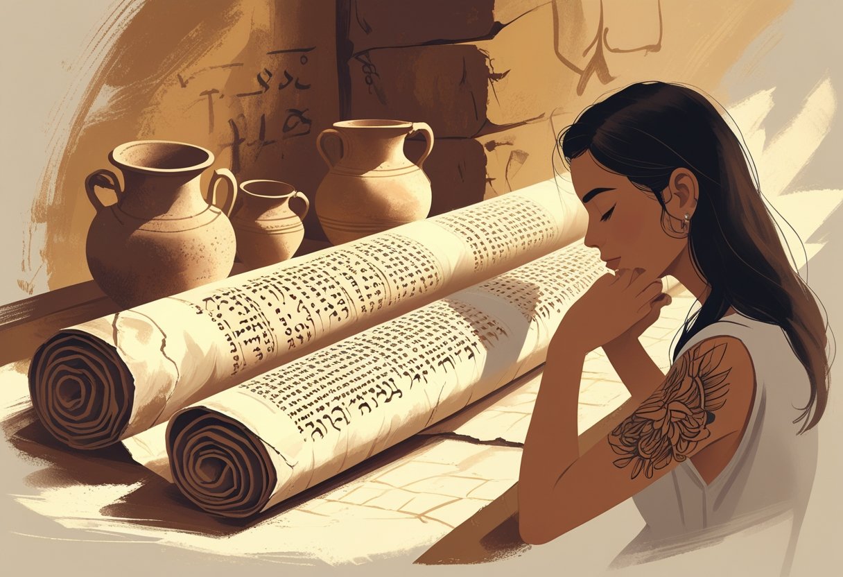 Pessoa tocando o braço com tatuagens sutis, ao lado de um pergaminho antigo com símbolos históricos em um ambiente com objetos antigos.