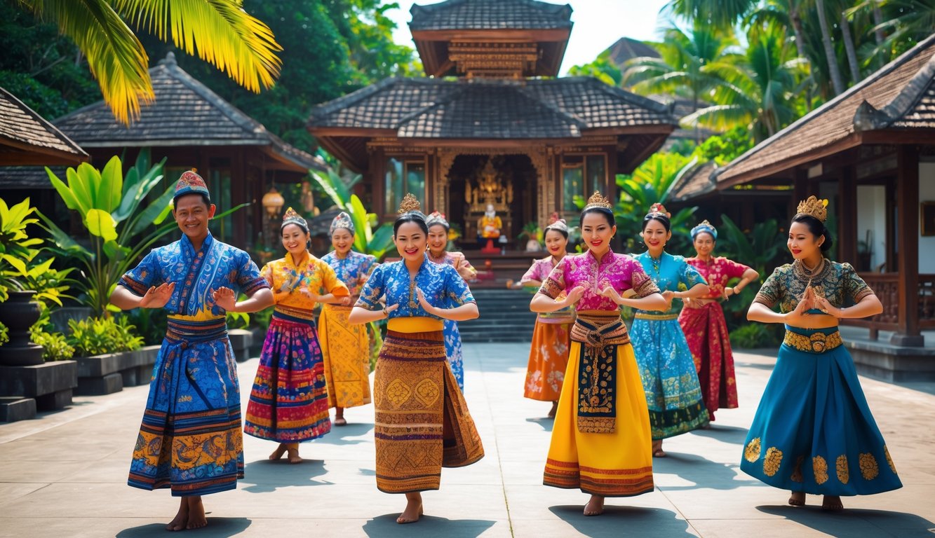 Sekelompok orang mengenakan pakaian tradisional Indonesia sedang melakukan tarian budaya di depan bangunan tradisional dengan latar belakang pepohonan hijau.