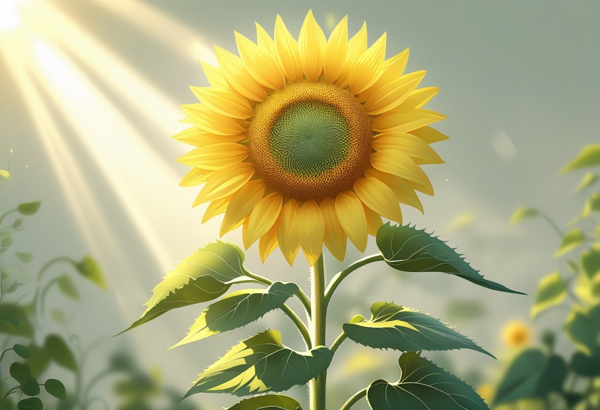Um girassol vibrante em plena floração com pétalas amarelas e fundo de folhagem verde desfocada.