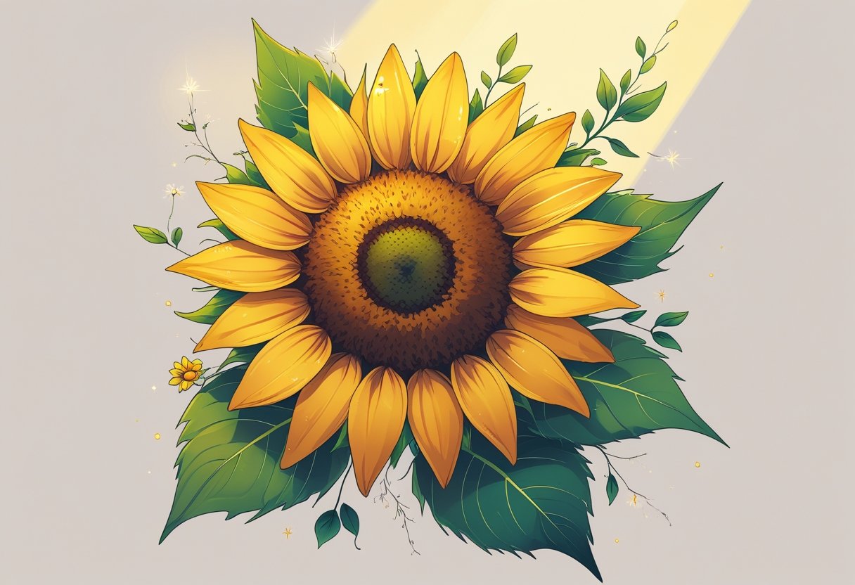 Ilustração de um girassol grande e vibrante com folhas verdes ao redor, transmitindo sentimentos de crescimento, positividade e força.
