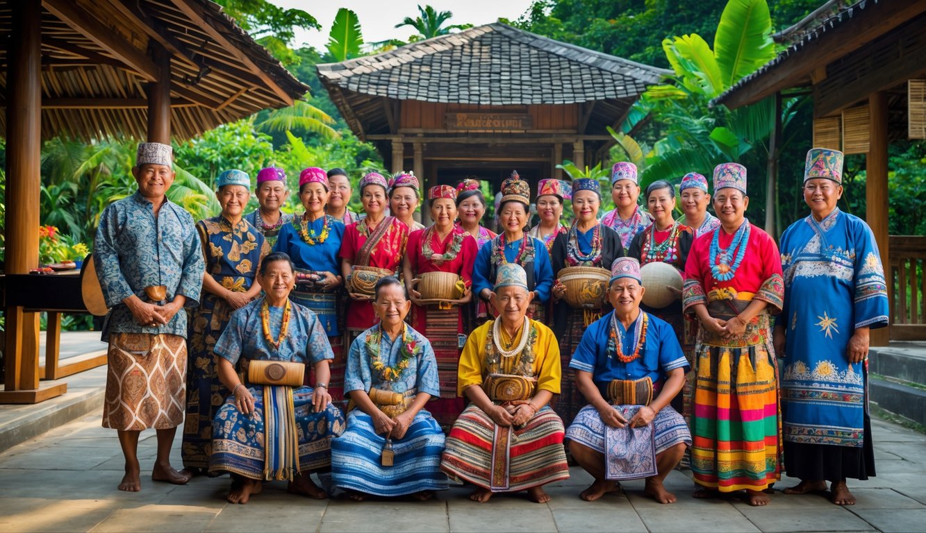 Sekelompok orang mengenakan pakaian tradisional dari berbagai suku di Indonesia sedang berkumpul di luar ruangan dengan latar belakang alam dan bangunan tradisional.