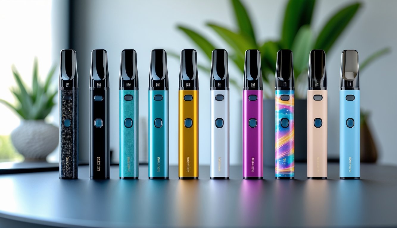 Beberapa perangkat vape sekali pakai terbaru yang berwarna-warni tersusun rapi di atas permukaan modern.