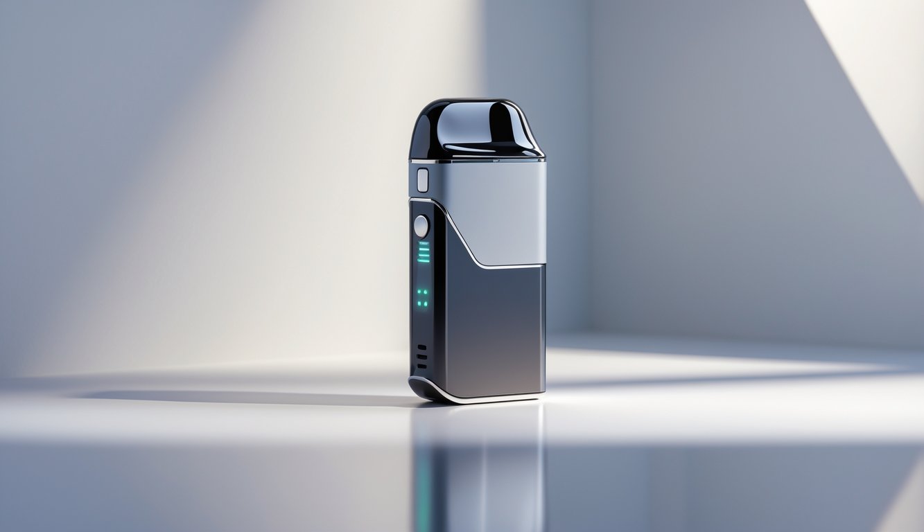 Sebuah sistem vape pod inovatif berwarna metalik diletakkan di atas permukaan reflektif dengan latar belakang minimalis.