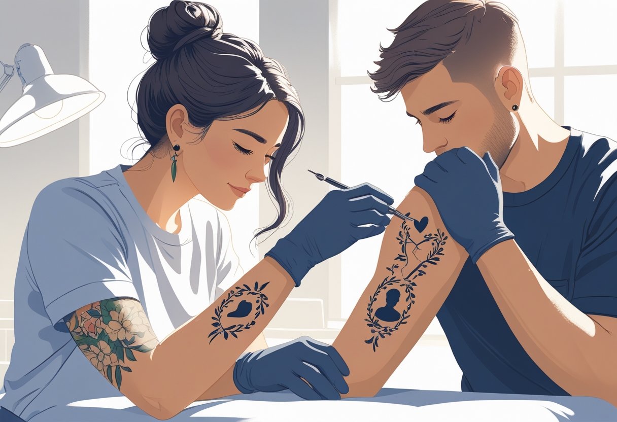 Homenagem Tatuagem: Ideias Significativas Para Eternizar Memórias na Pele Pessoa recebendo uma tatuagem no antebraço em um estúdio de tatuagem, com expressão calma e reflexiva, enquanto o tatuador trabalha com cuidado.