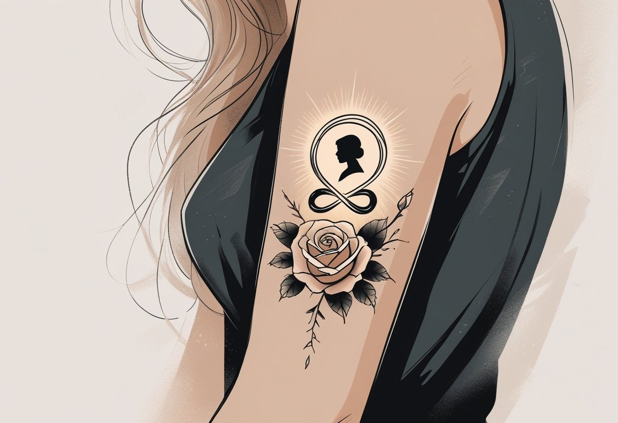 Homenagem Tatuagem: Ideias Significativas Para Eternizar Memórias na Pele Braço com uma tatuagem detalhada que representa homenagem, incluindo uma rosa, símbolo de infinito e uma silhueta de retrato.