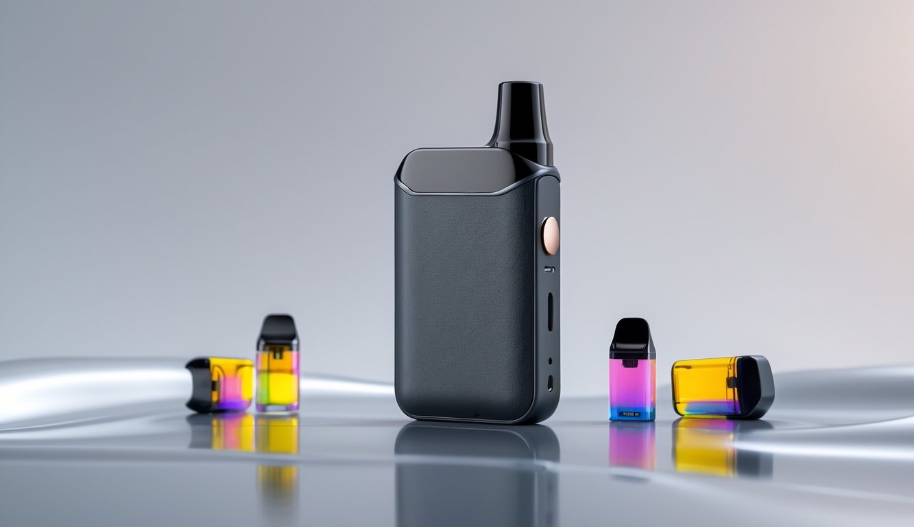 Foto perangkat vape pod mod terbaru diletakkan di atas permukaan reflektif dengan latar belakang netral.