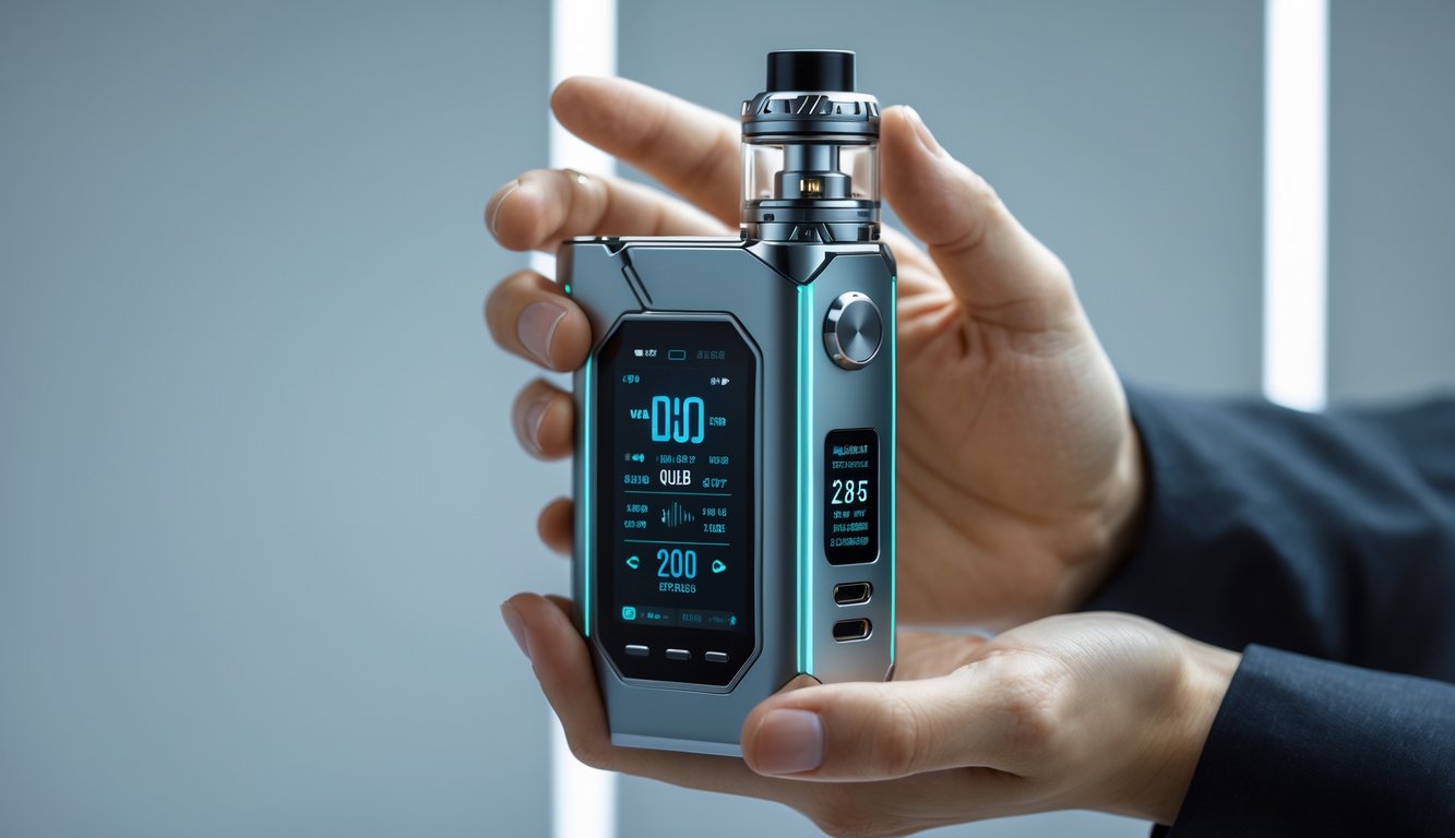 Sebuah perangkat vape mod modern dengan pengaturan watt tinggi dipegang oleh seseorang dengan latar belakang minimalis.