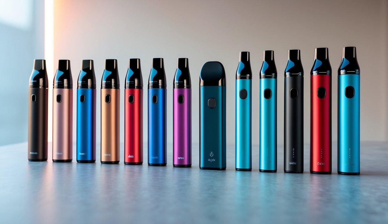 Beberapa vape sekali pakai populer tersusun rapi di atas permukaan bersih dengan latar belakang netral.