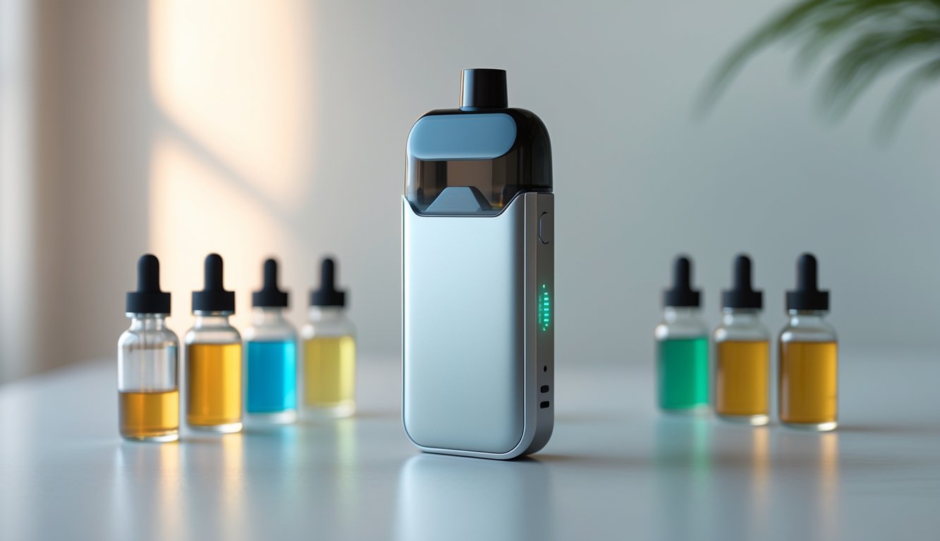 Perangkat pod isi ulang modern dengan beberapa wadah isi ulang berwarna di atas permukaan putih.