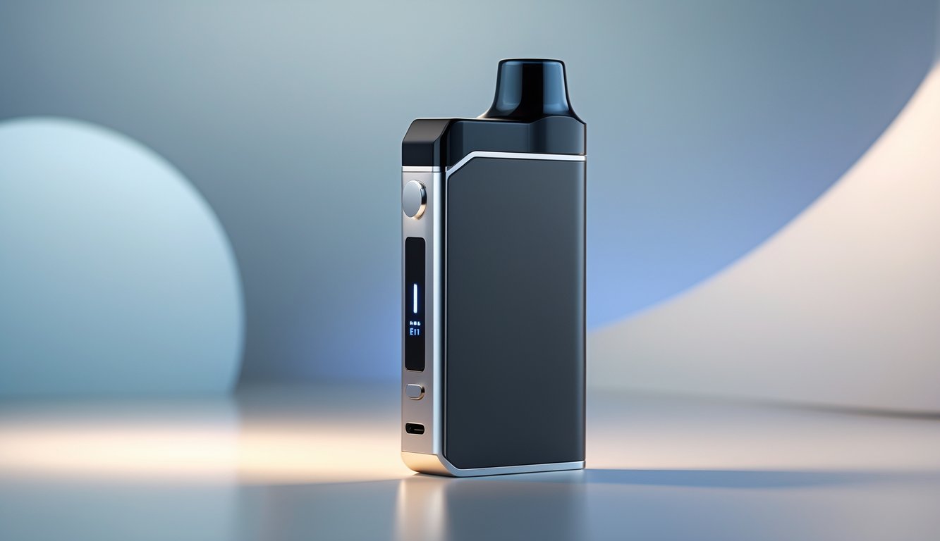 Foto produk vape model All-in-One terbaru dengan desain modern dan warna hitam serta perak, diletakkan di atas permukaan bersih dengan latar belakang buram.