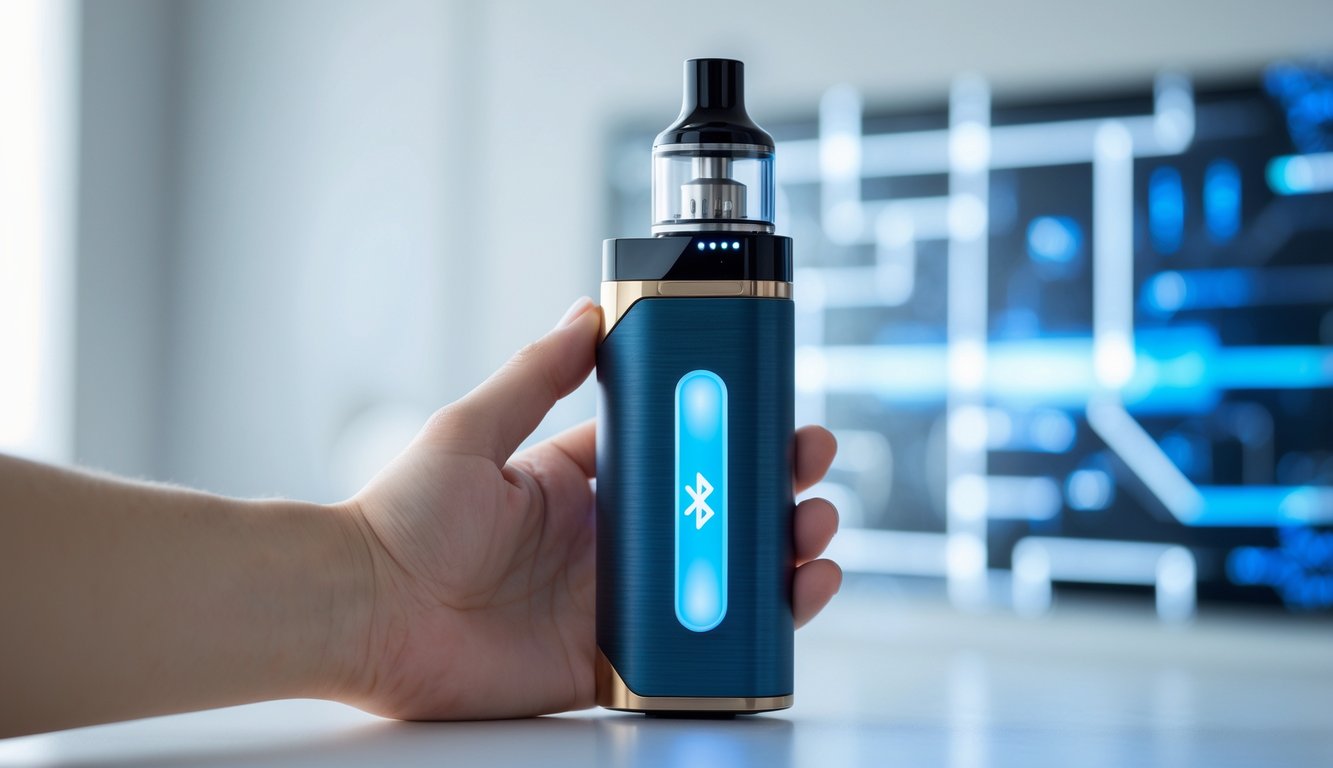 Perangkat vape pintar dengan koneksi Bluetooth dipegang oleh tangan di atas permukaan putih dengan latar belakang teknologi kabur.