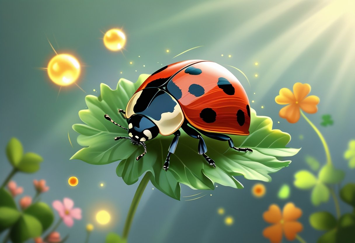 Tatuagem Joaninha: Significados, Estilos e Inspirações Para Seu Próximo Desenho Uma joaninha vermelha com pintas pretas sobre uma folha verde, cercada por elementos simbólicos como flores e luzes suaves.