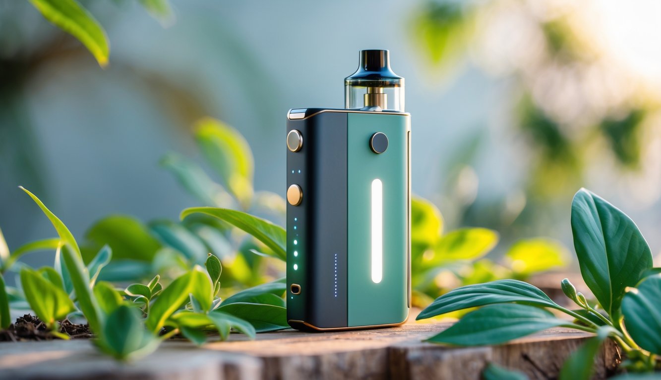 Perangkat vape modern dengan bahan ramah lingkungan diletakkan di atas permukaan kayu alami dengan daun hijau di sekitarnya, menonjolkan baterai tahan lama.
