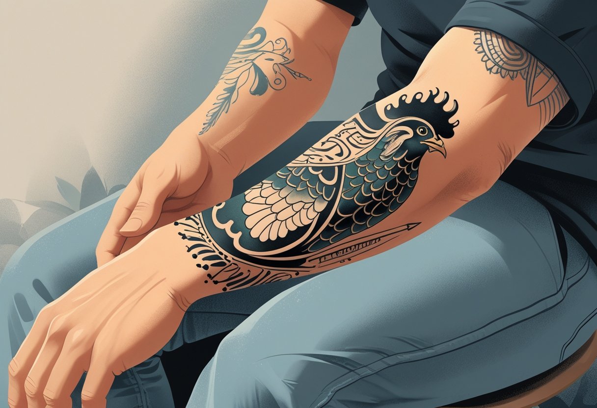 Joao Frango Tatuagem: O Significado e Estilo do Artista Brasileiro Braço com uma tatuagem detalhada que combina elementos de um frango estilizado.