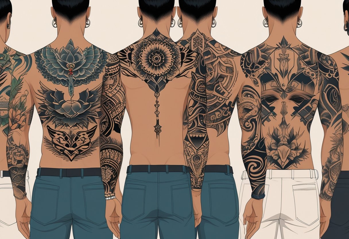 Joao Frango Tatuagem: O Significado e Estilo do Artista Brasileiro Ilustração mostrando várias pessoas com diferentes tatuagens em várias partes do corpo.