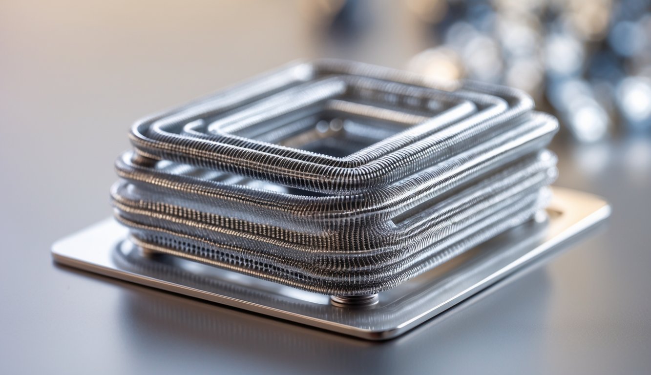 Gambar close-up dari mesh kumparan vape terbaru dengan detail kawat dan tekstur yang jelas.