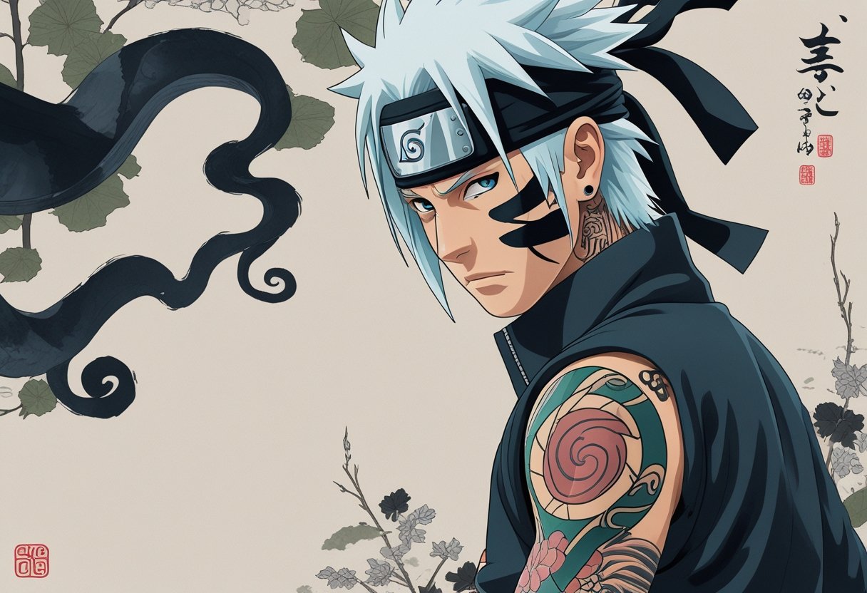 Tatuagem Kakashi: Significados e Melhores Estilos Para Fãs de Naruto Ilustração de Kakashi com foco em suas tatuagens, mostrando detalhes dos desenhos em seu corpo e elementos relacionados a ninjas ao fundo.