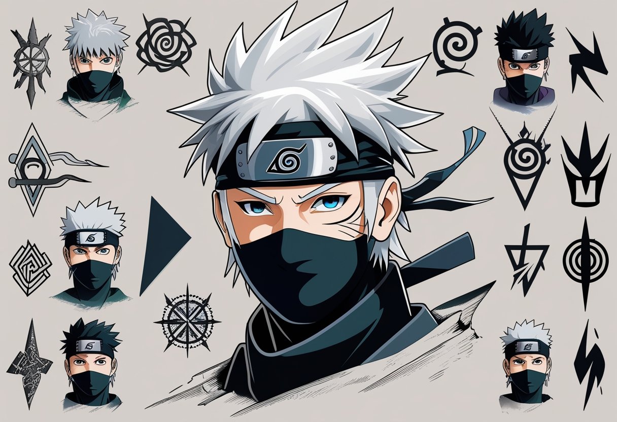 Tatuagem Kakashi: Significados e Melhores Estilos Para Fãs de Naruto Vários desenhos de tatuagens inspiradas no personagem Kakashi, incluindo seu olho Sharingan, rosto com máscara, símbolos do vilarejo e ferramentas ninjas, dispostos artisticamente em um fundo neutro.