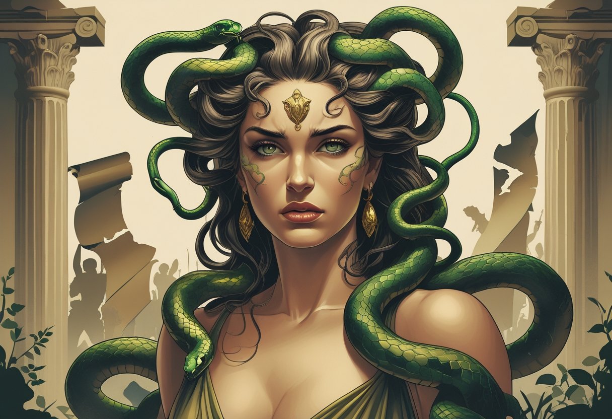 Medusa Significado Tatuagem: Simbolismo e Representações na Arte Corporal Medusa com cabelos de serpentes, cercada por elementos da mitologia grega, mostrando sua expressão forte e triste.
