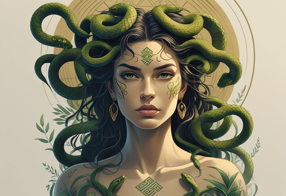 Medusa Significado Tatuagem: Simbolismo e Representações na Arte Corporal Uma mulher com cabelos feitos de cobras, representando a Medusa, cercada por elementos simbólicos da mitologia grega.