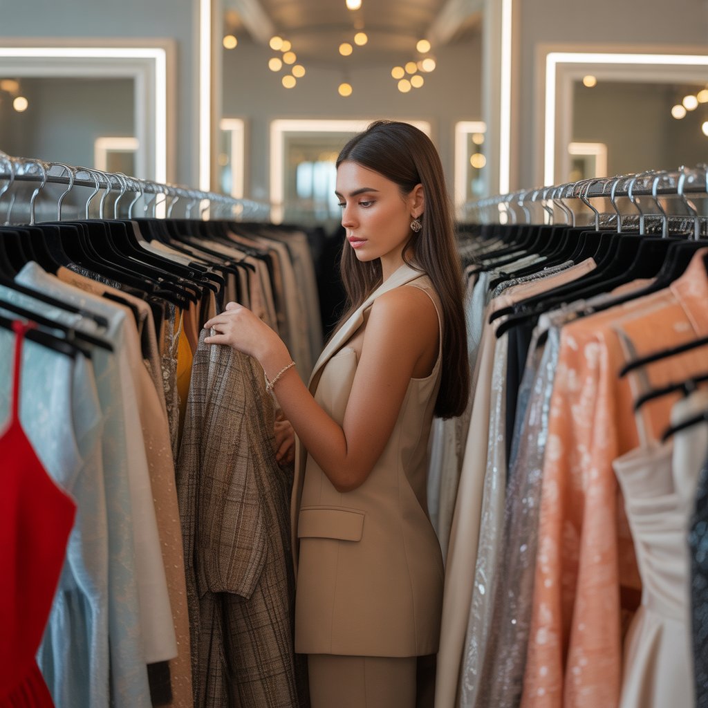 A young woman at an event looking at different outfits on mannequins and clothing racks, considering her clothing choices.