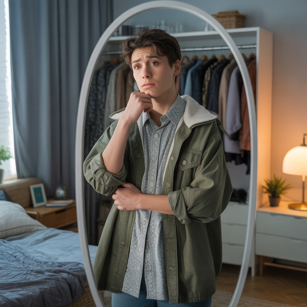 A young adult looking at themselves in a mirror, wearing layered clothing and appearing thoughtful and self-conscious.