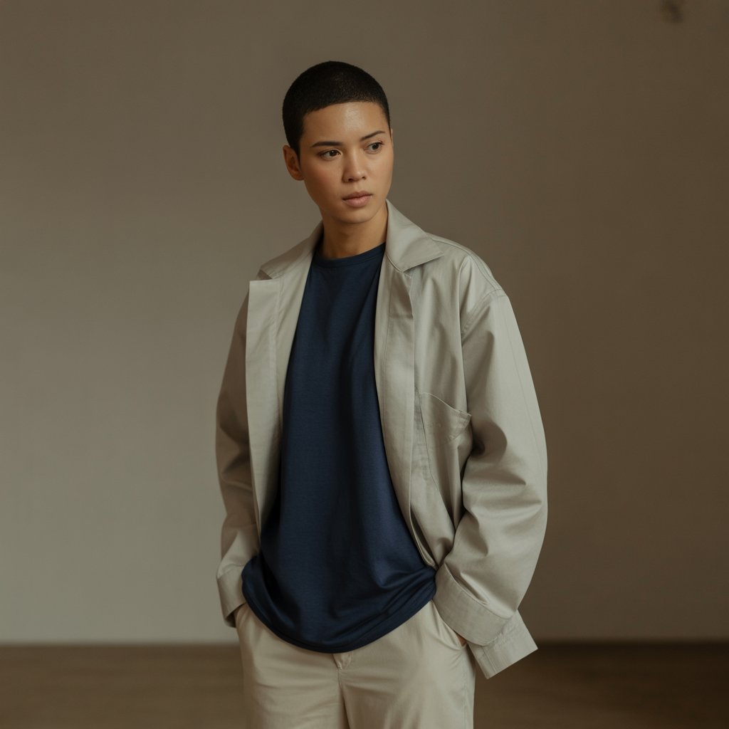 A person wearing muted, plain-colored clothing stands thoughtfully in a simple indoor setting.