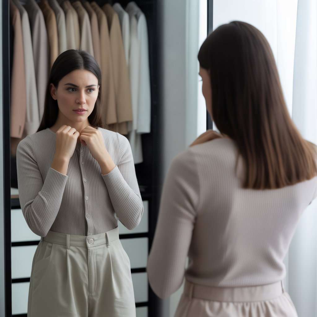 A young woman looking at herself in a mirror, adjusting her plain outfit with a hesitant expression in a tidy bedroom.
