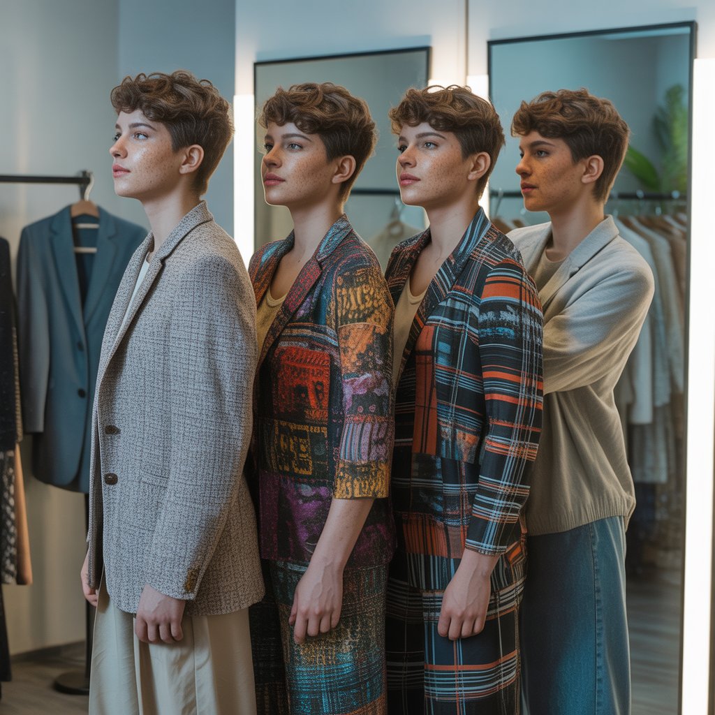 A person trying on three different outfits with varying styles and patterns in front of a mirror in a dressing room.