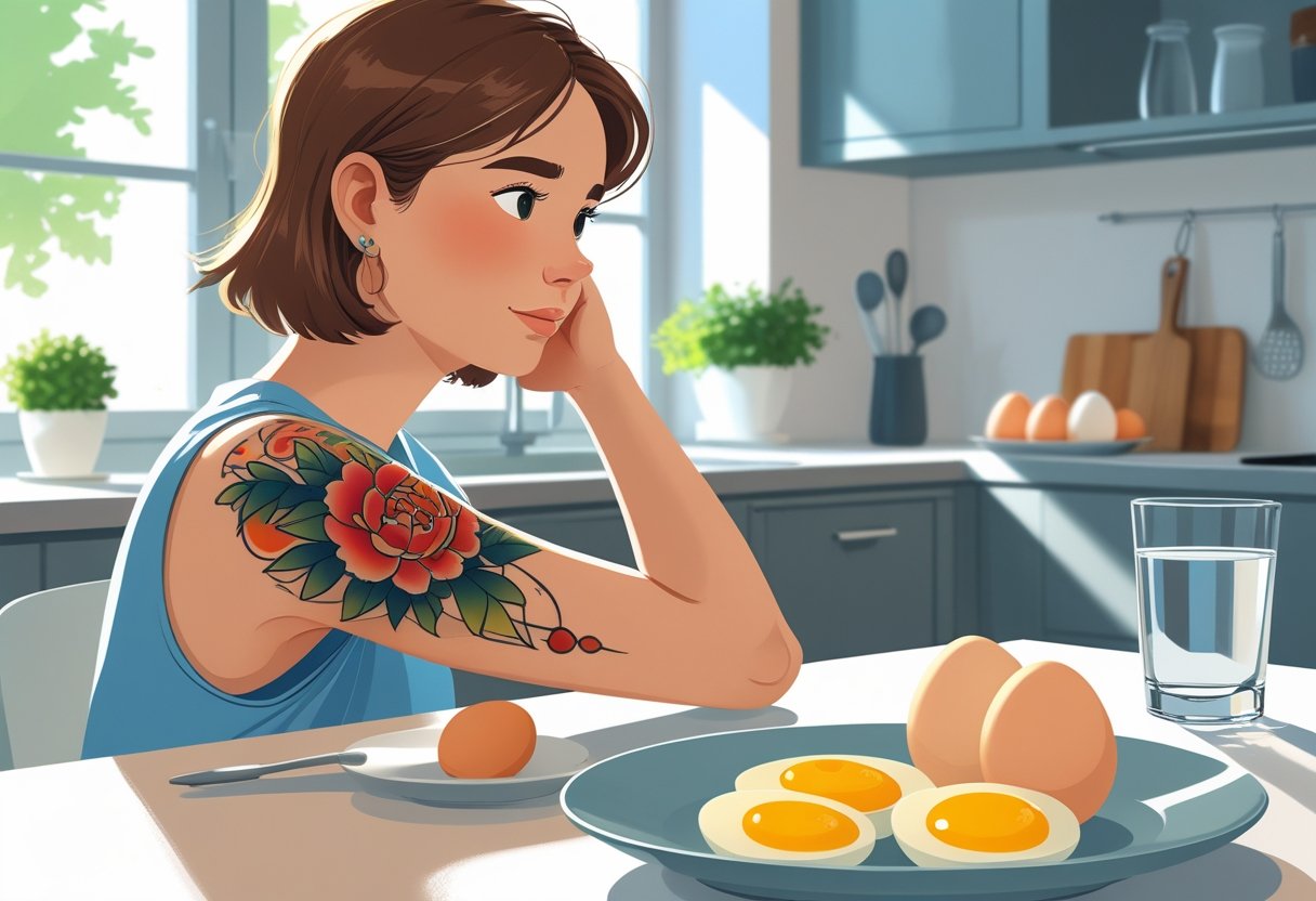 Pode Comer Ovo Quando Faz Tatuagem: Orientações Nutricionais Para Cicatrização Pessoa com tatuagem recente no braço olhando para um prato com ovos em uma cozinha iluminada.