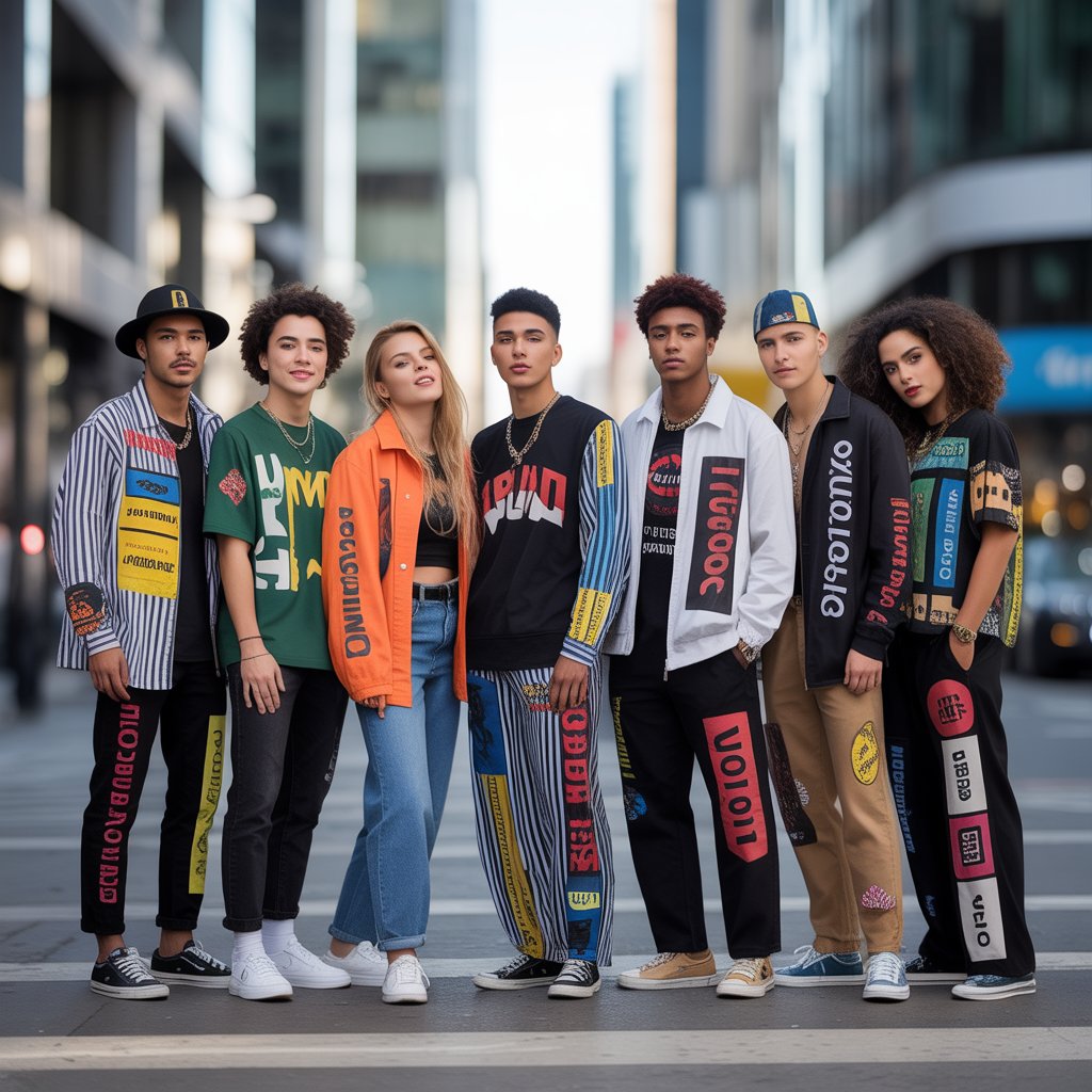 A group of young adults wearing multiple pieces of clothing and accessories with visible brand logos, standing together on a city street.