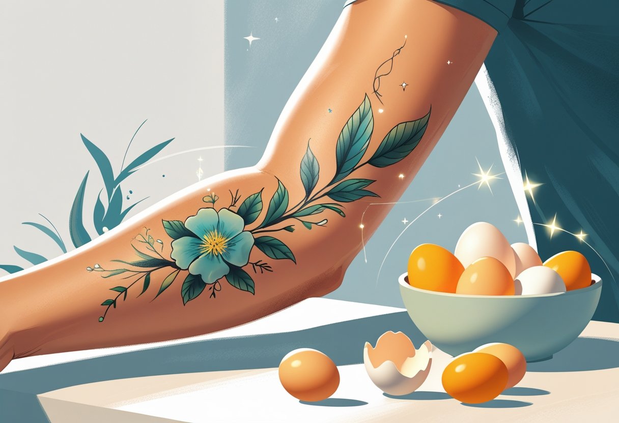 Pode Comer Ovo Quando Faz Tatuagem: Orientações Nutricionais Para Cicatrização Braço com tatuagem recém-feita ao lado de uma tigela com ovos cozidos e cascas, mostrando a relação entre o consumo de ovos e a cicatrização da tatuagem.