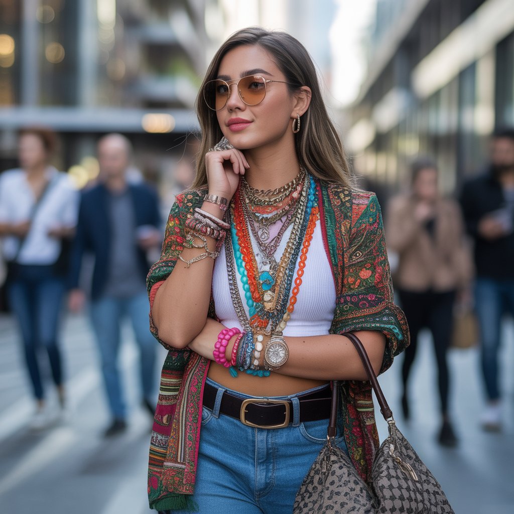 A young woman wearing many accessories stands thoughtfully on a city street with people walking in the background.
