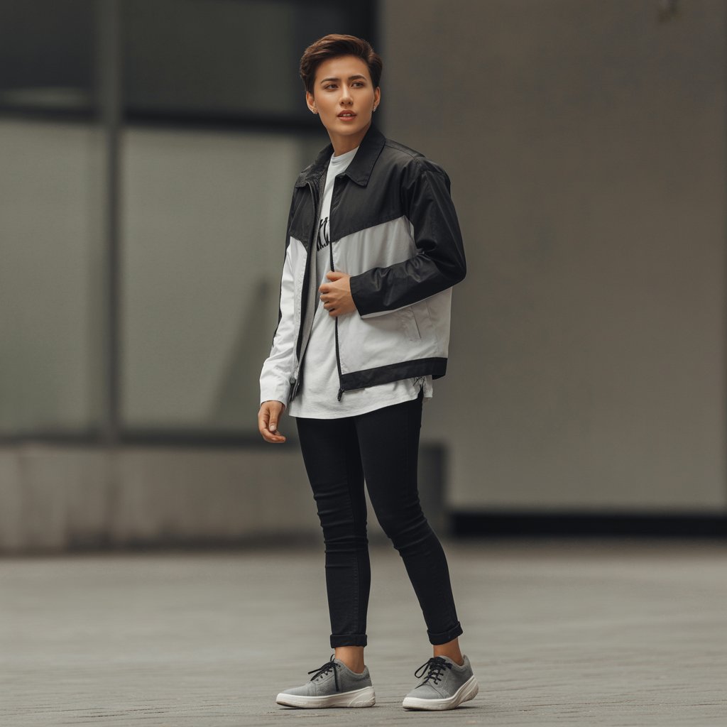 A young adult dressed in black, white, and gray clothing stands thoughtfully in an urban setting.