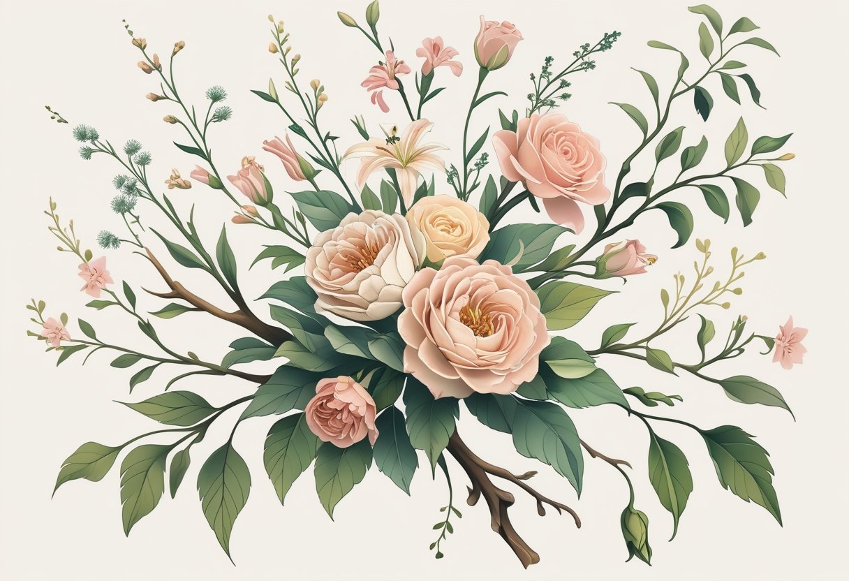 Tatuagem Ramo de Flores: Guia Completo de Estilos e Significados Ilustração detalhada de um ramo de flores com várias flores e folhas entrelaçadas formando uma tatuagem delicada.