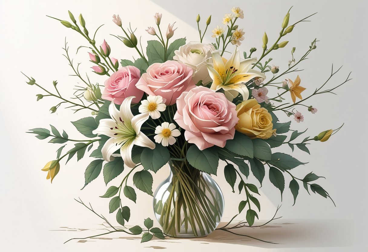 Tatuagem Ramo de Flores: Guia Completo de Estilos e Significados Um ramo delicado de flores variadas com rosas, lírios e pequenas flores silvestres, dispostas de forma elegante e natural.