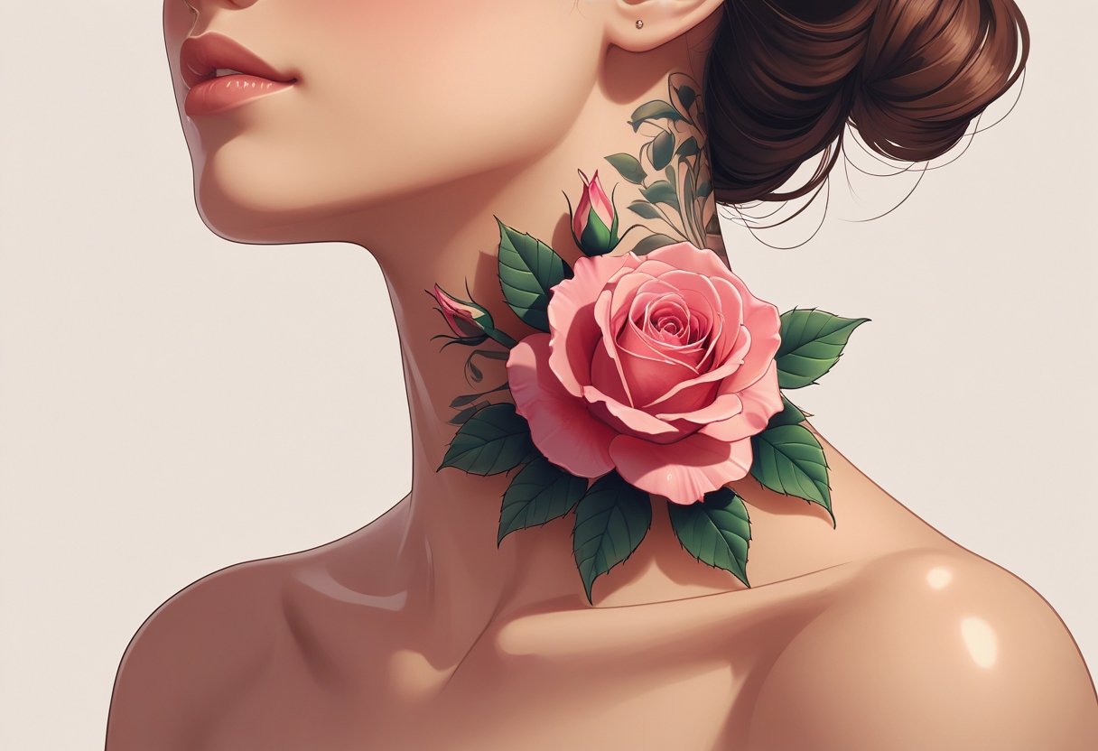Tatuagem Rosa no Pescoço: Guia Completo de Estilos e Cuidados Close-up do pescoço de uma pessoa com uma tatuagem de rosa detalhada e colorida.