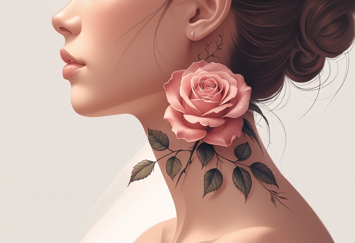 Tatuagem Rosa no Pescoço: Guia Completo de Estilos e Cuidados Pessoa com uma tatuagem de rosa detalhada no pescoço, destacando as pétalas e folhas da flor.