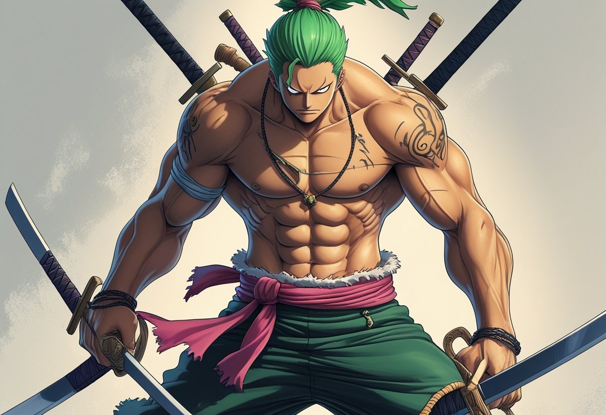 Retrato de Zoro em uma pose confiante segurando suas três espadas, com cabelo verde e bandana amarrada no braço.