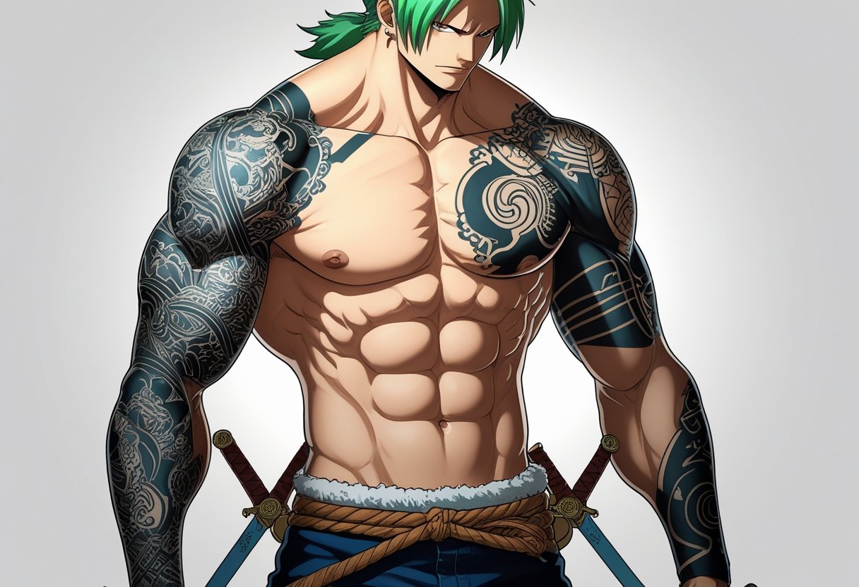 Roronoa Zoro sem camisa mostrando sua tatuagem no ombro esquerdo, com expressão determinada e suas três espadas na cintura.