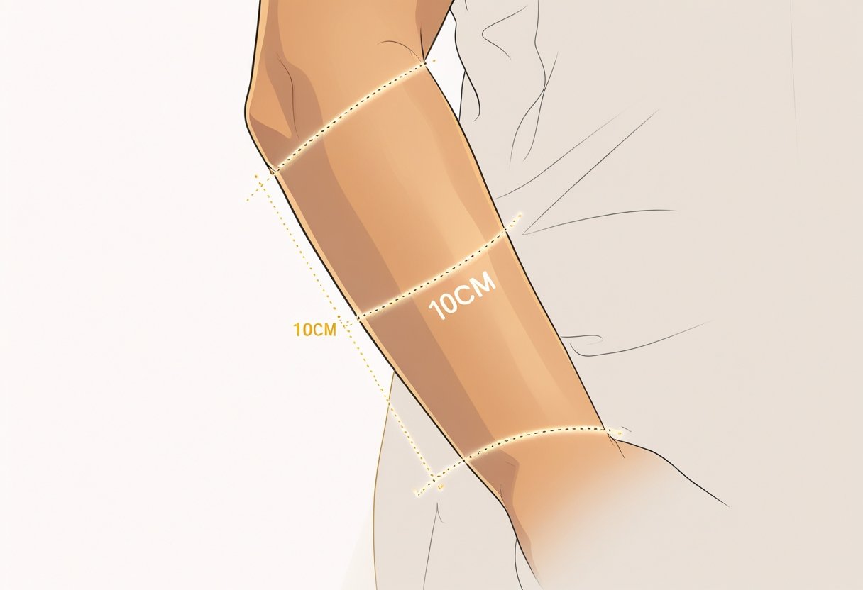 Tatuagem 10cm: Guia Completo de Tamanhos e Posicionamento no Corpo Vista aproximada de um antebraço humano com uma marcação indicando o tamanho de 10 cm para uma tatuagem.