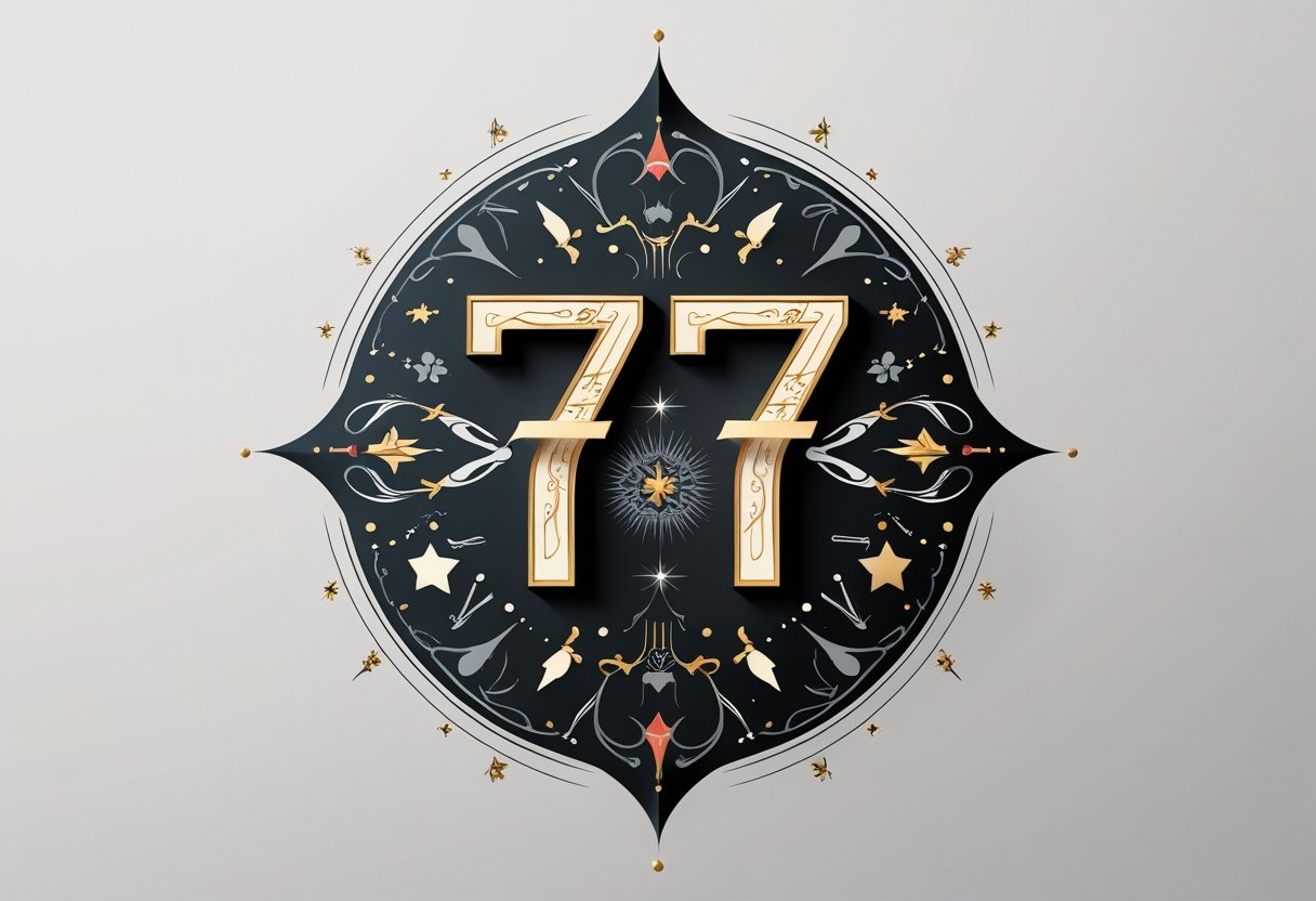 Tatuagem 777: Significados e Simbolismos Mais Populares Ilustração de uma tatuagem com o número 777 cercado por padrões decorativos e símbolos de sorte e espiritualidade.
