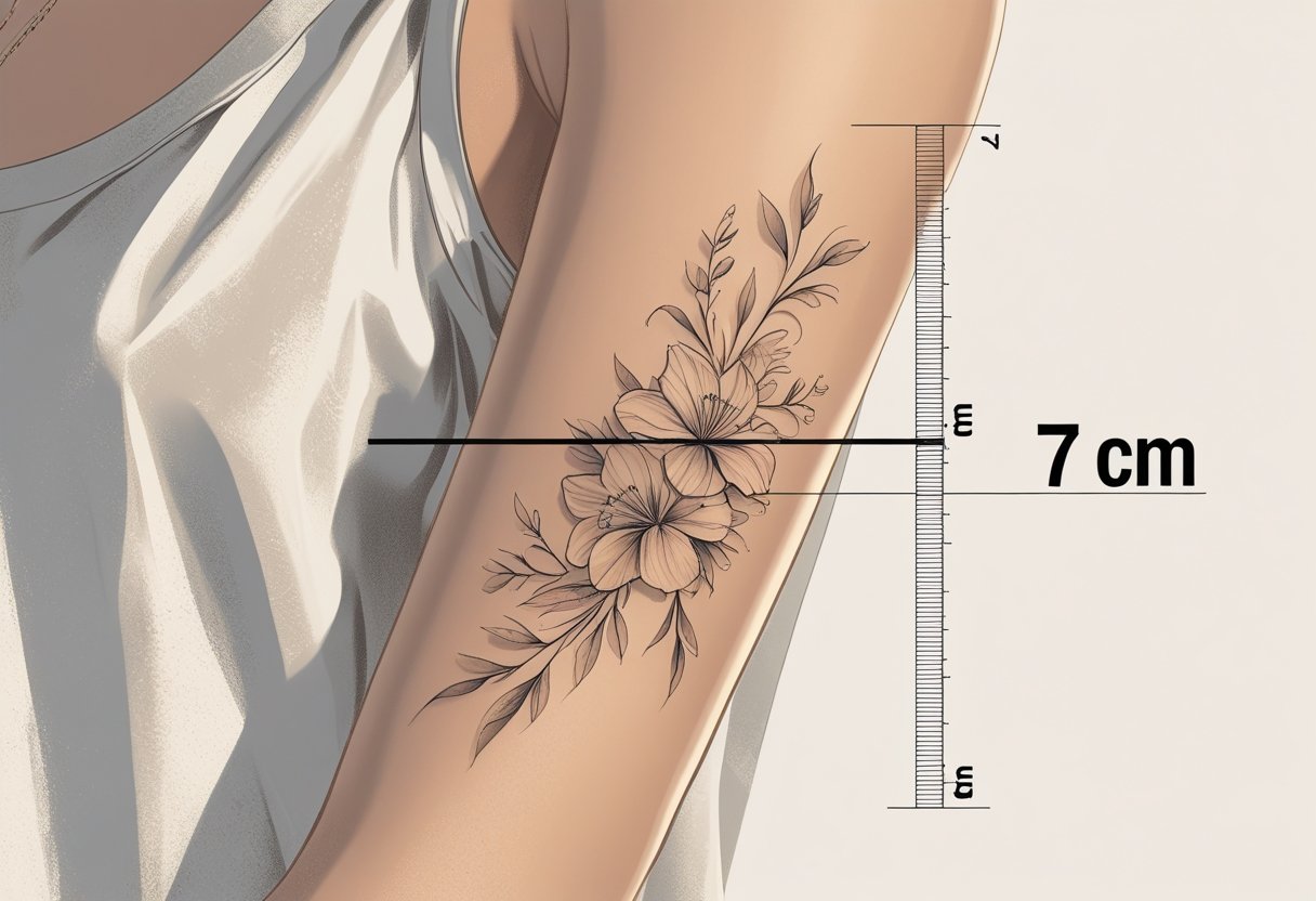 Tatuagem 7 cm: Tamanho Ideal Para Desenhos Discretos e Detalhados Braço humano com uma tatuagem medindo 7 cm, mostrando claramente o tamanho da tatuagem.