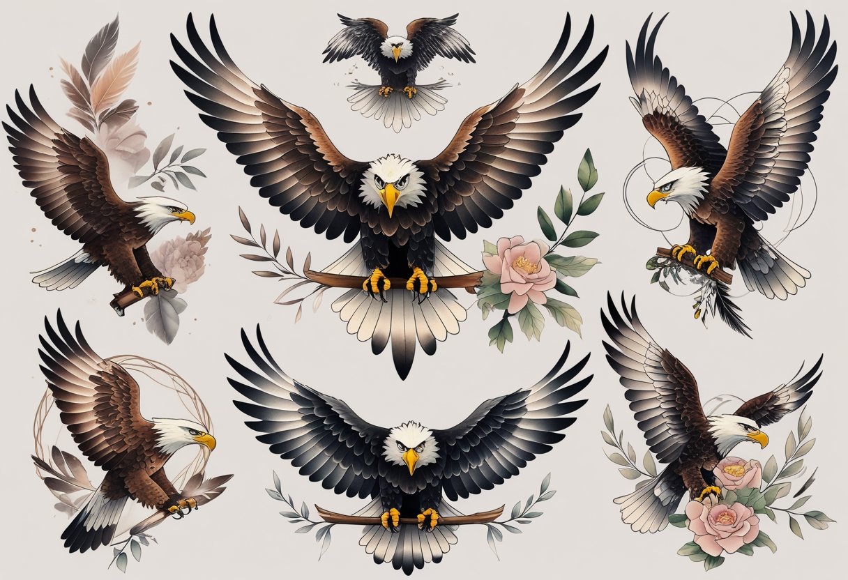 Tatuagem Águia Feminina: Significados e Inspirações Para Sua Próxima Arte Corporal Ilustração mostrando vários estilos de tatuagem de águia feminina em diferentes designs detalhados.
