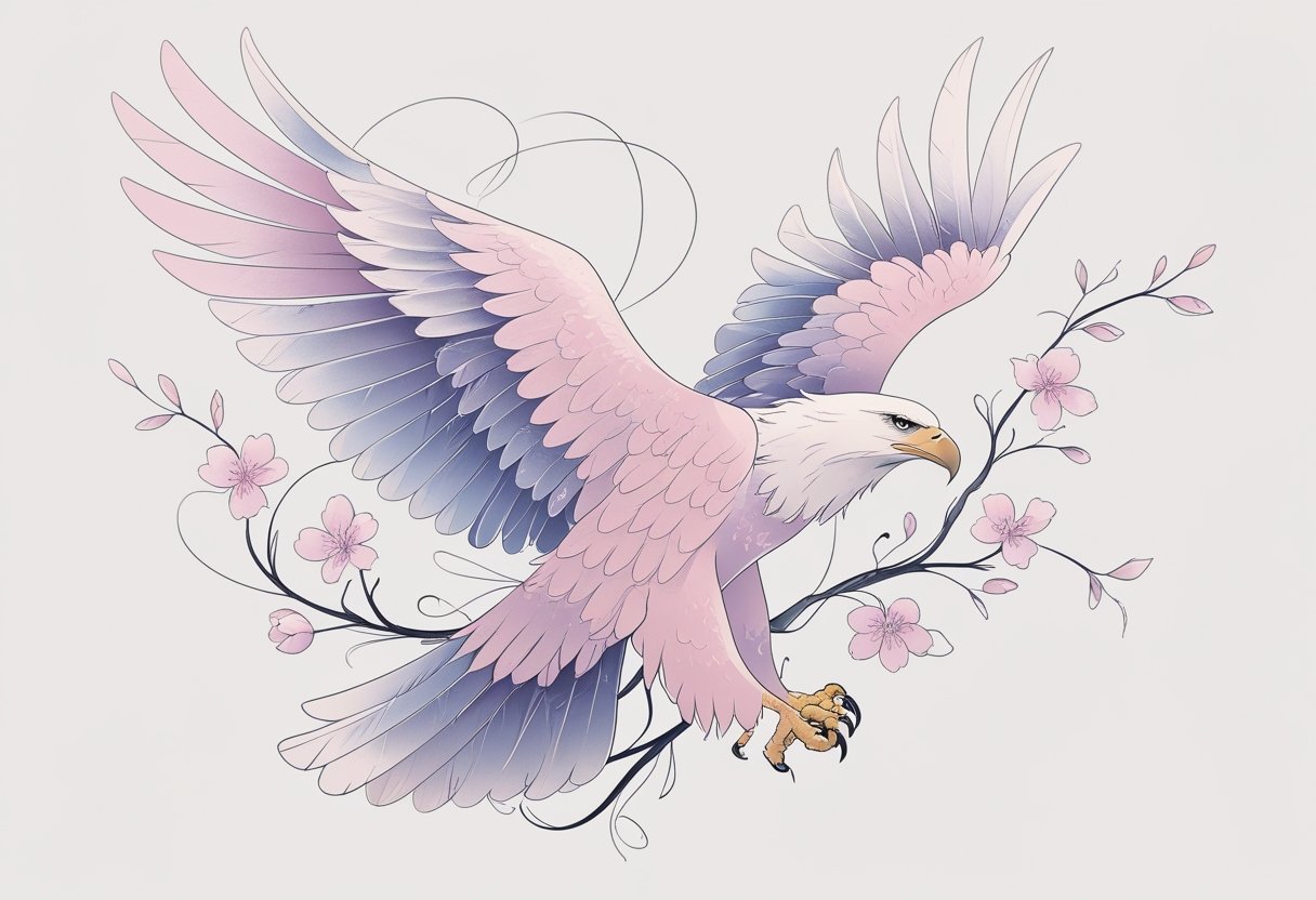 Tatuagem Águia Feminina Delicada: Inspirações e Significados Para Sua Próxima Tattoo Ilustração de uma tatuagem de águia feminina delicada com flores e penas suaves.