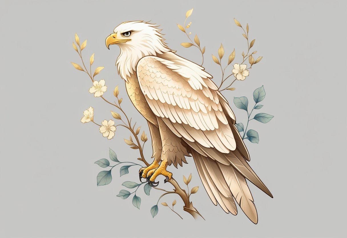 Tatuagem Águia Feminina Delicada: Inspirações e Significados Para Sua Próxima Tattoo Ilustração de uma tatuagem delicada de águia feminina com detalhes florais e penas suaves.