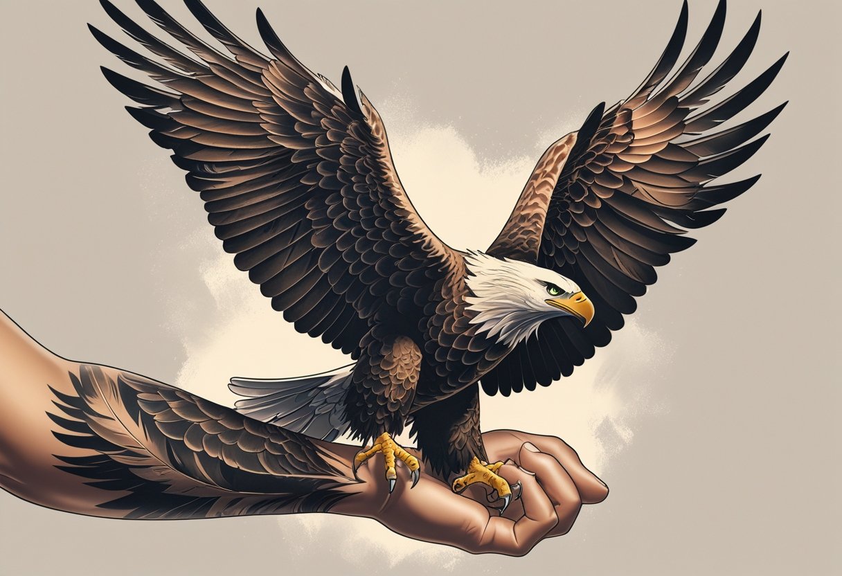 Tatuagem Águia Antebraço: Significados, Estilos e Inspirações Para Seu Próximo Tattoo Ilustração de uma tatuagem de águia detalhada no antebraço, mostrando a águia com asas abertas em voo.