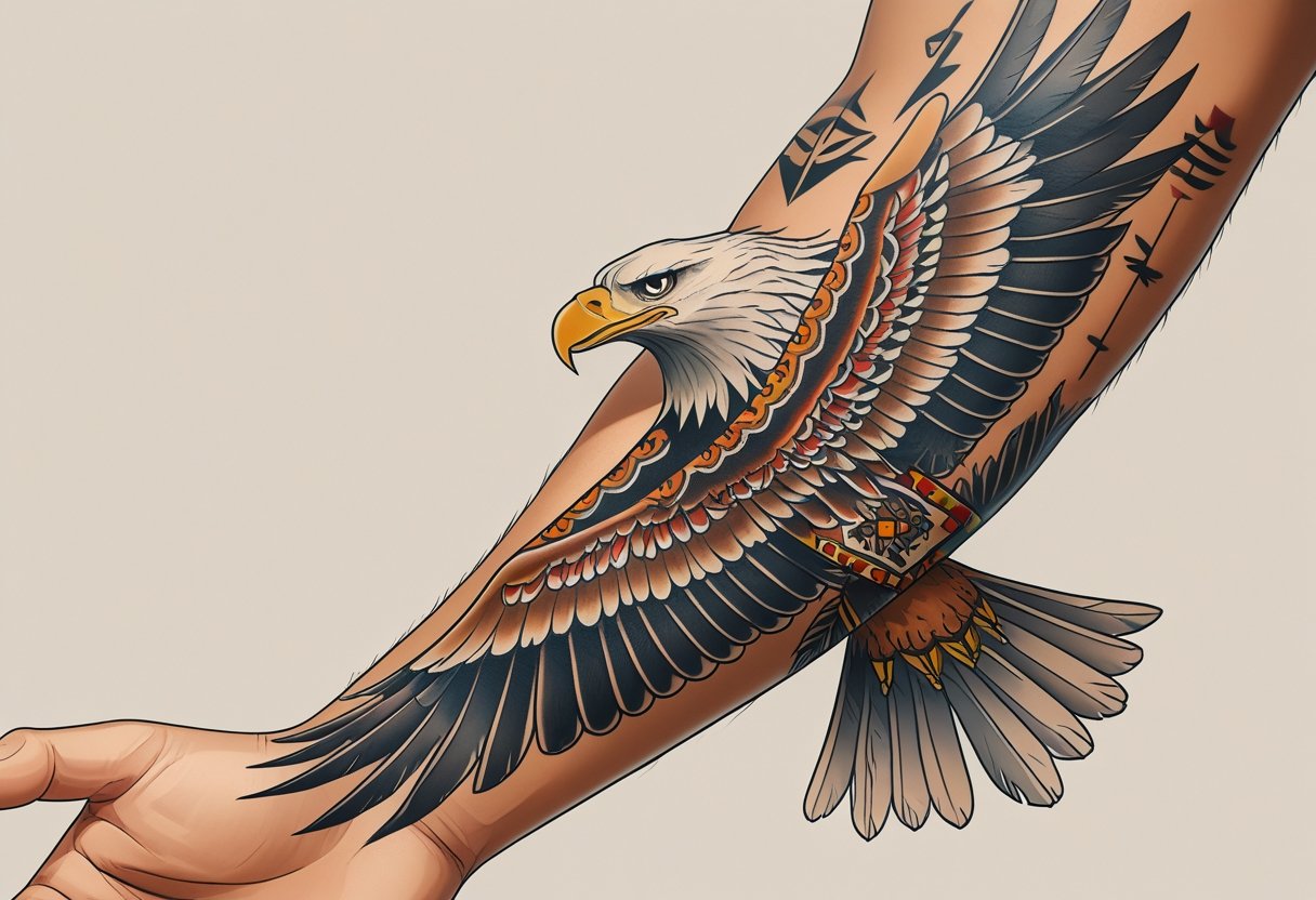 Tatuagem Águia Antebraço: Significados, Estilos e Inspirações Para Seu Próximo Tattoo Ilustração de um braço com uma tatuagem de águia detalhada no antebraço, mostrando elementos culturais e históricos.
