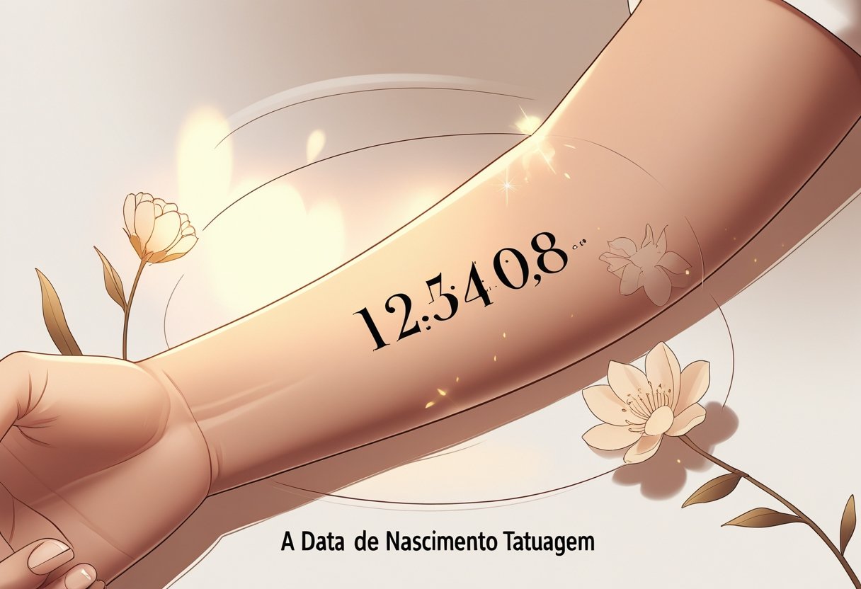 Data de Nascimento Tatuagem: Ideias Criativas e Significados Para Registrar Datas Especiais na Pele Braço com uma tatuagem de data de nascimento em números, cercado por elementos delicados que simbolizam vida e nascimento.